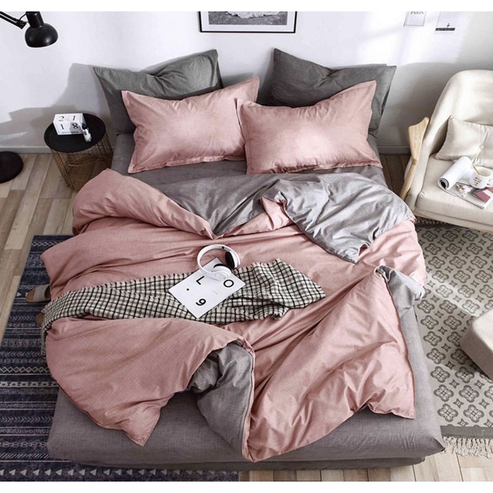 Set Lenjerie de pat dublu cu Elastic, Bumbac Satinat, Pucioasa, 4 piese, Cearceaf de pat 180x200 cm, Cearceaf Pilota cu doua fete 200x230 cm, 2 Fete de perna 55x75 cm, Uni, Gri/Somon, BSE-50