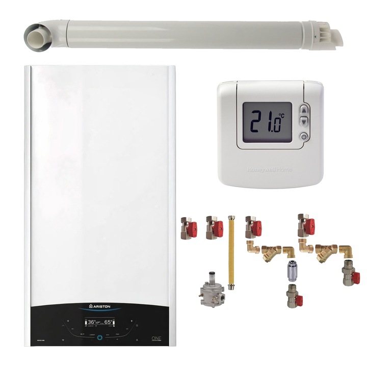 Pachet centrala termica murala Ariston GENUS ONE+ System 35 kW, in condensare, doar incalzire, termostat Honeywell Wireless DT92, kit montaj complet RTM si kit de evacuare RTM incluse