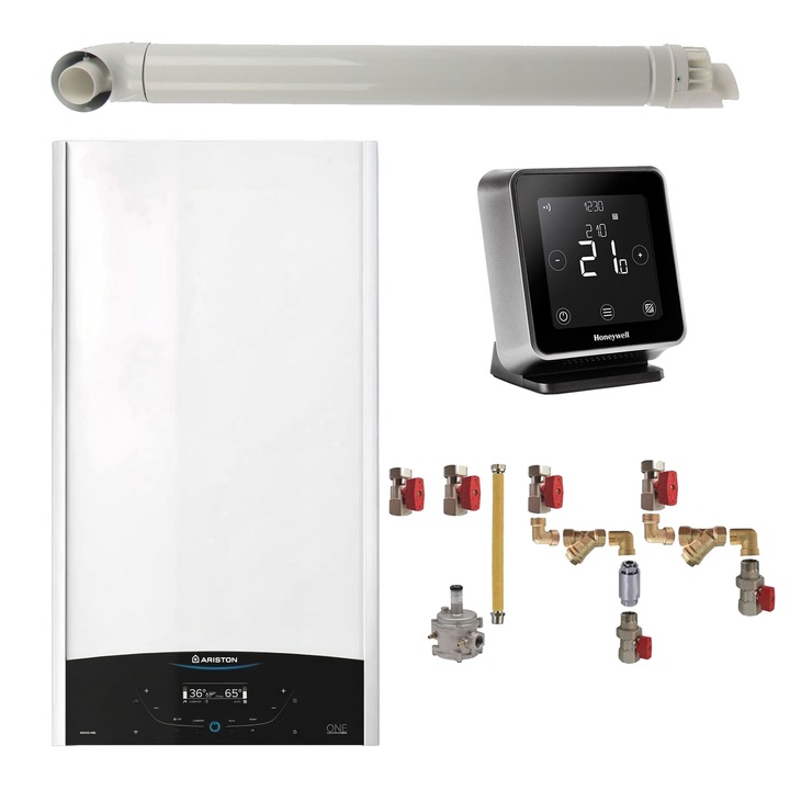 Pachet centrala termica murala Ariston GENUS ONE+ System 24 kW, in condensare, doar incalzire, termostat Wi-Fi Honeywell Lyric T6R, kit montaj complet RTM si kit de evacuare RTM incluse