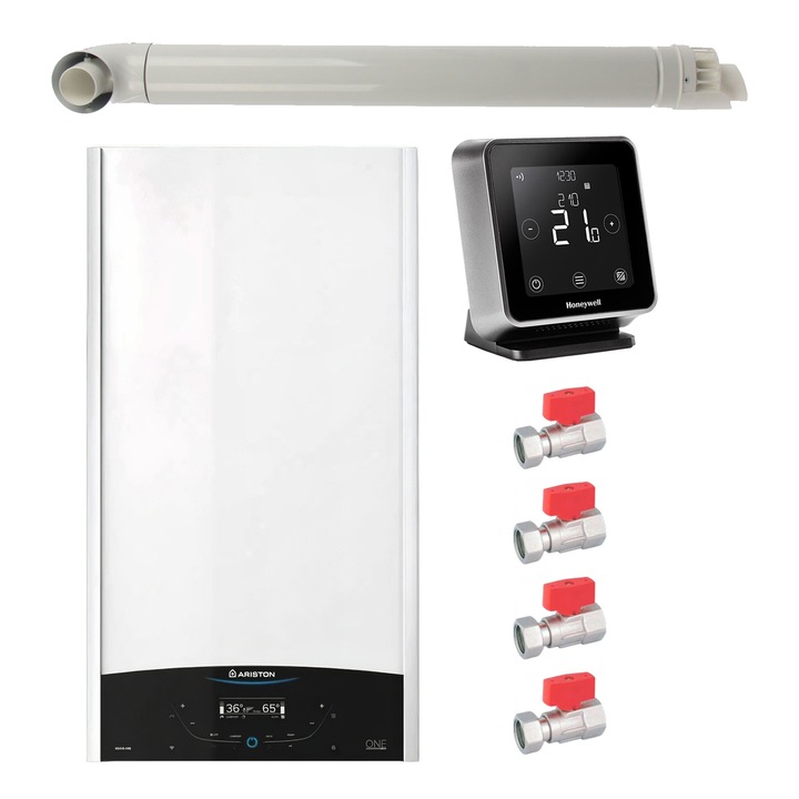 Pachet centrala termica murala Ariston GENUS ONE+ System 24 kW, in condensare, doar incalzire, termostat Wi-Fi Honeywell Lyric T6R, set robineti Fornara si kit de evacuare RTM incluse