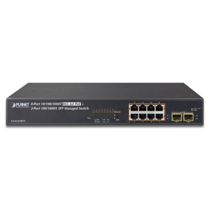 PLANET GS-4210-8P2S PoE Switch, 2. felügyeleti réteggel, 8 portos, 10/100/1000T 802.3at PoE + 2 portos 100 / 1000X SFP