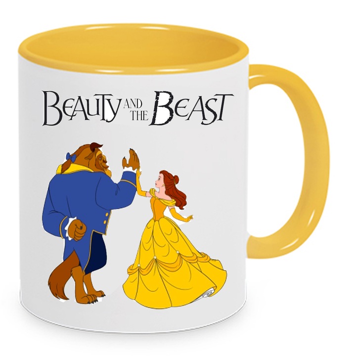 Cana ceramica Beauty and the Beast, alb si galben, 330ml