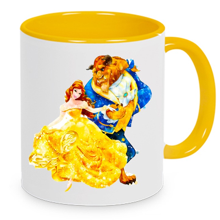 Cana ceramica Beauty and the Beast, alb si galben, 330ml
