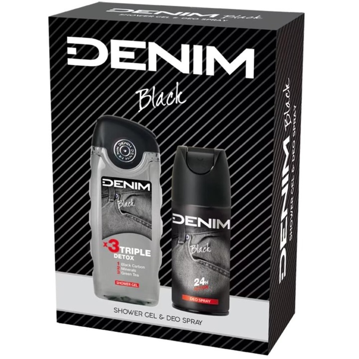 Caseta Cadou Barbati Denim Black, Deodorant 150 ml, Gel Dus 250 ml