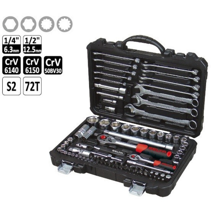 Set unelte 1/4" si 1/2", 88 piese, Selta, pentru servicii generale, utilizare intensa
