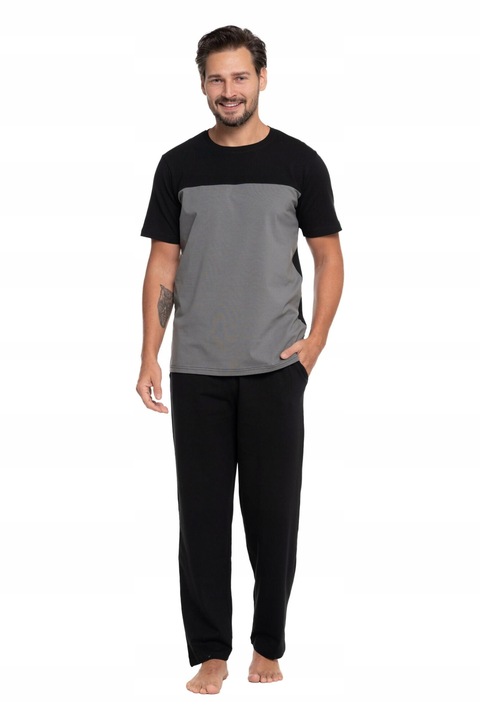 Férfi pamut pizsama, Fekete/Szürke