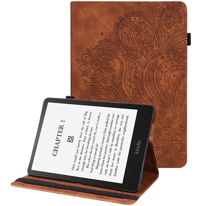 Etui pentru Amazon Kindle Paperwhite 5 (2021), floral, maro, cu functie de stand, din piele ecologica si silicon