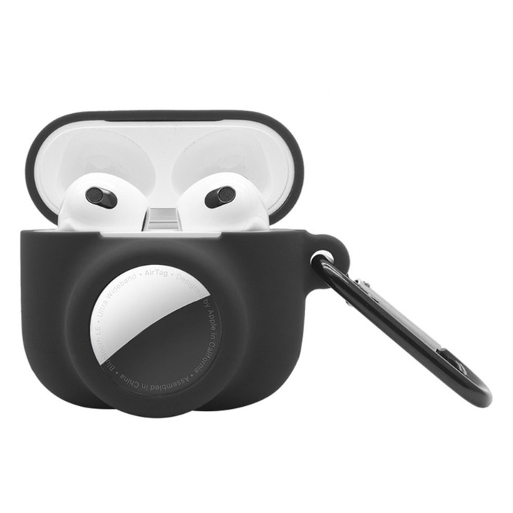 Husa din silicon pentru Apple AirPods 3, cu spatiu pentru AirTag, neagra