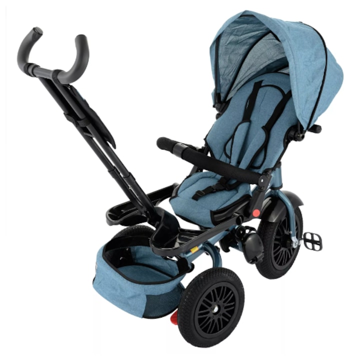 Tricicleta pentru Copii Multifunctionala, Pozitie de Somn, Control al Directiei de Mers, Scaun Reversibil, Rotire 360 Grade, Suport pentru Picioare, Roti de Cauciuc, AntiUV, Culoare Albastru