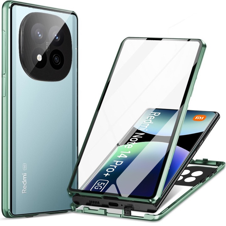 Etui telefon, XGSM, Magnetic Dual Glass, 9H, verde, pentru Xiaomi Redmi Note 14 Pro+