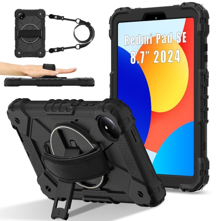 Детски калъф XGSM, брониран, със стойка, черен, за Xiaomi Redmi Pad SE 8.7