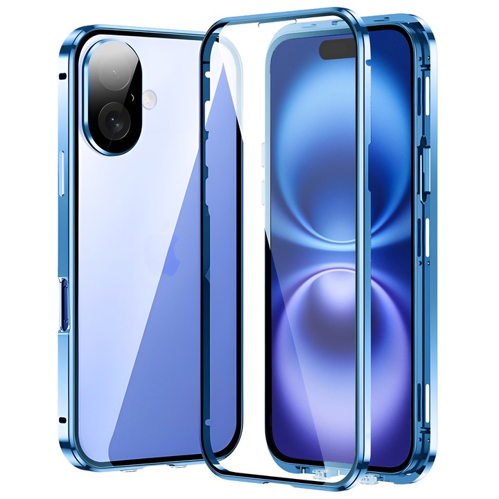 Husa iPhone 16, sticla duala magnetica, albastra