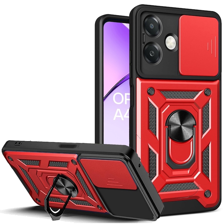 Etui pancerne XGSM pentru Oppo A40 / Oppo A40m, rosu, cu suport integrat si manere pentru deget
