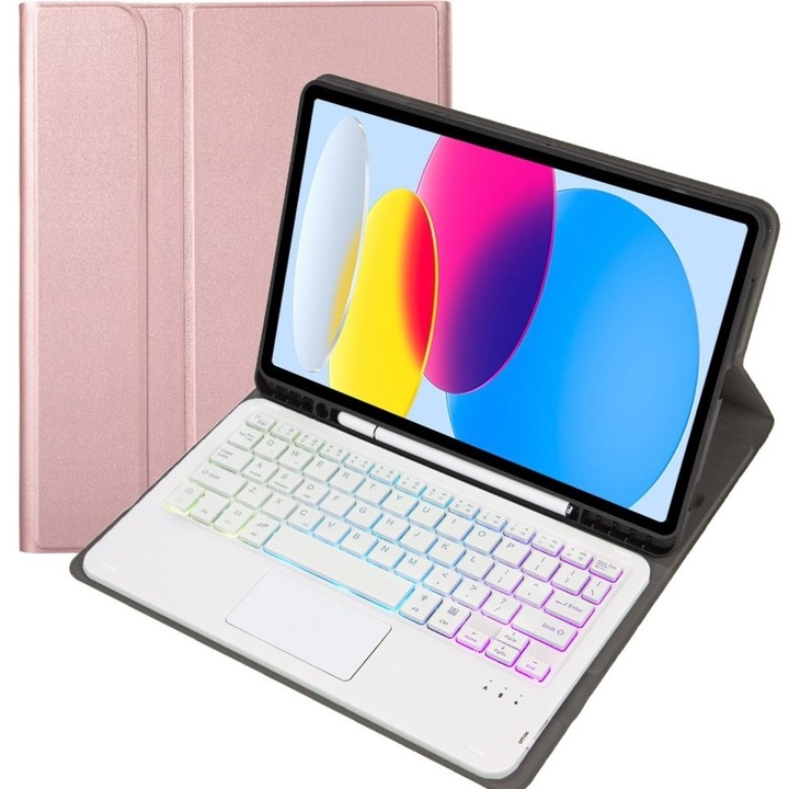 Husa cu tastatura bluetooth iluminata si touchpad pentru iPad 10.9" 2022, roz