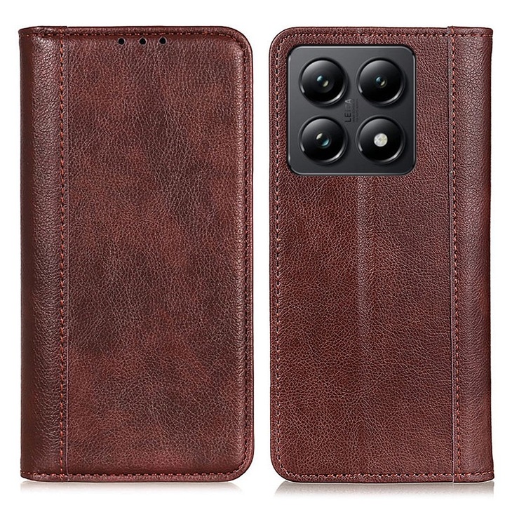 Husa telefon XGSM pentru Xiaomi 14T Pro, din piele naturala, culoare brown, cu compartimente pentru carduri