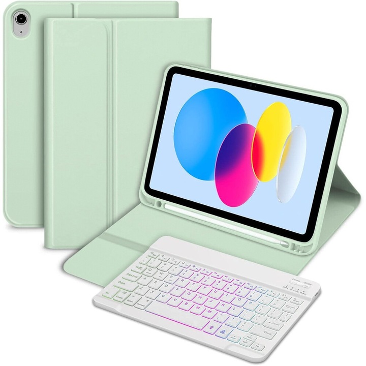 Husa cu tastatura bluetooth iluminata din spate pentru iPad 10.9 2022 (generatia a 10-a), verde