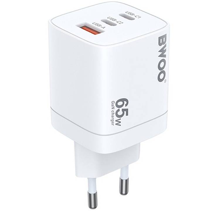 Incarcator retea BWOO CDA147 65W GaN, 2xUSB-C, 1xUSB-A, alb
