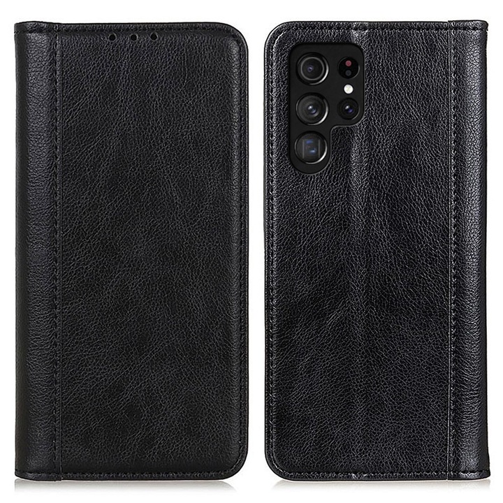 Husa telefon XGSM pentru Samsung Galaxy S25 Ultra, piele naturala, neagra, cu functie de suport, cu slot pentru carduri