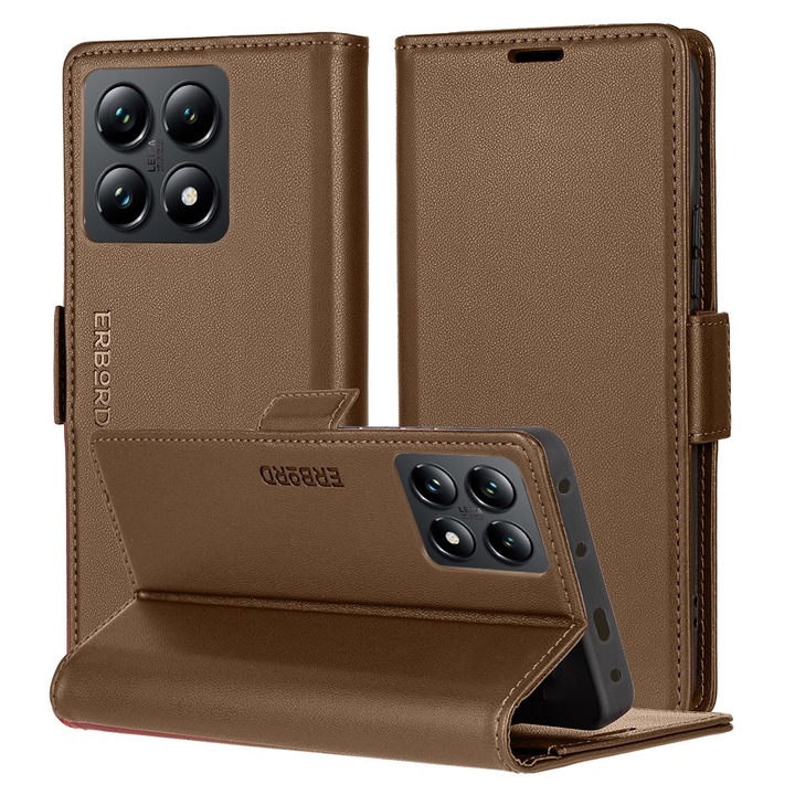 Etui pentru telefon, ERBORD, Xiaomi 14T, portofel cu clapa, brown, functie suport