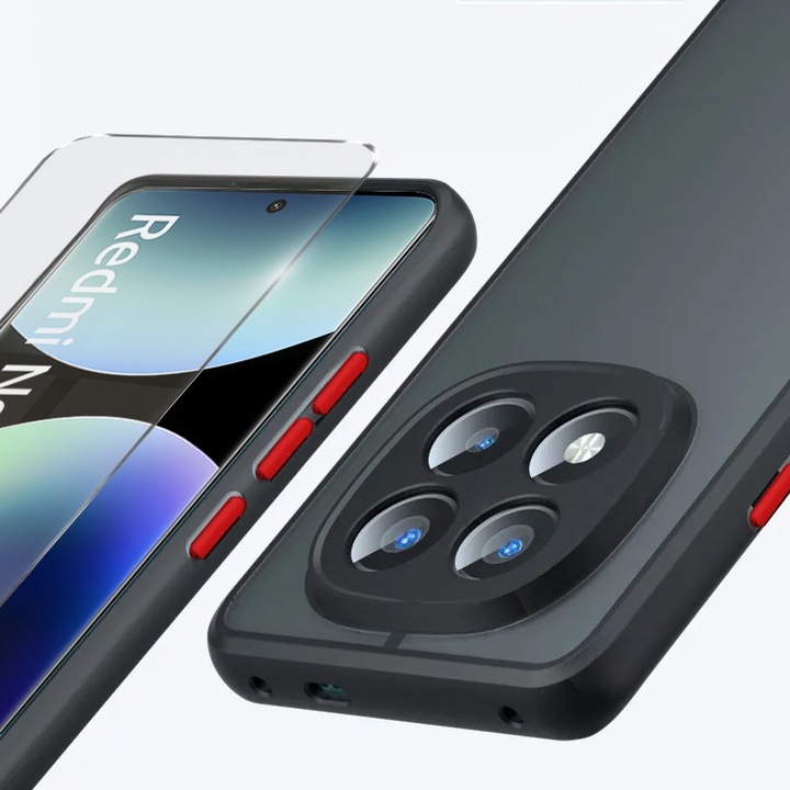 Husa telefon Xiaomi Redmi Note 14 Pro+, transparenta/neagra, protectie camera, sticla 9H