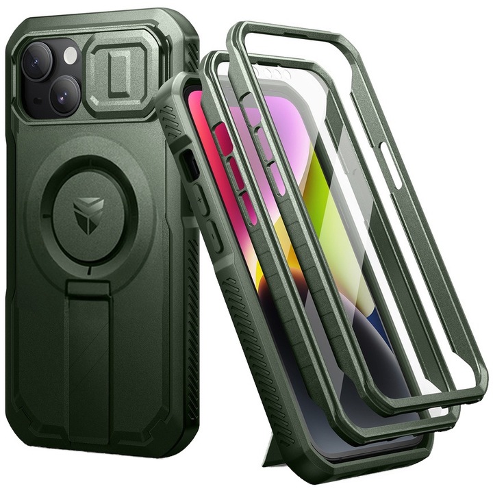 Etui pancerne pentru iPhone 13 / iPhone 14, CamProtect MagSafe, verde, set cu doua rame