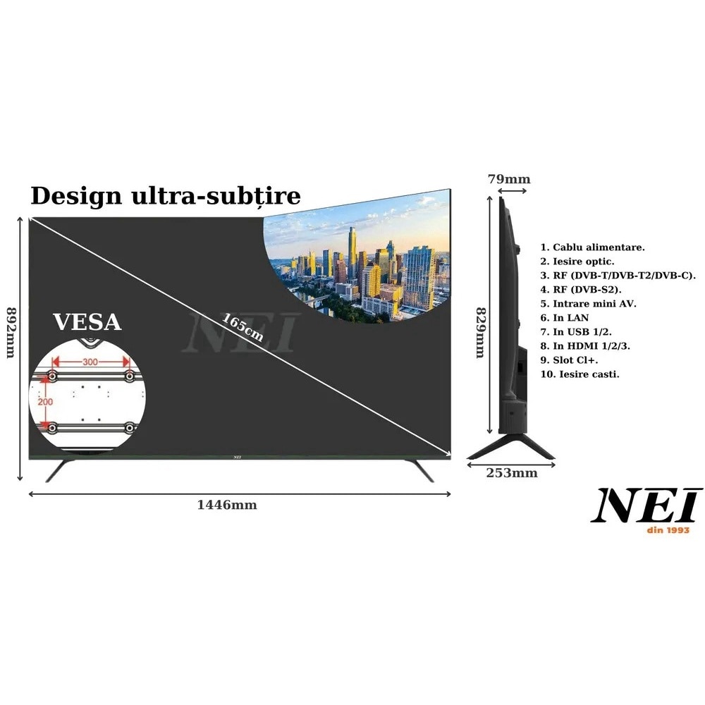 Televizor 4KUHD QLED SMART VIDAA NEI 65NE7901, 165 cm, Clasa F, Borderless, Negru