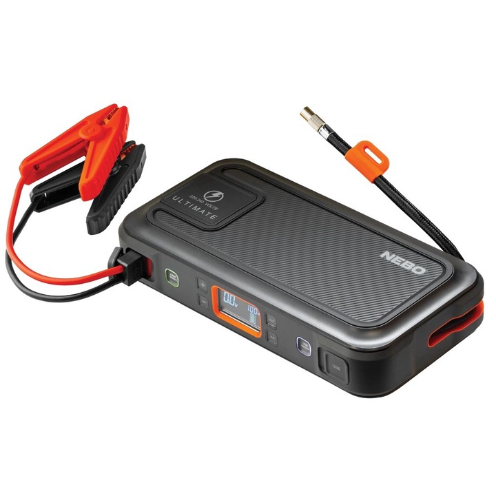 Стартер за кола Nebo Ultimate, Мултифункционален, LCD, Функция компресор, Фенерче, USB изход, Type C 20W, AC 230V изход