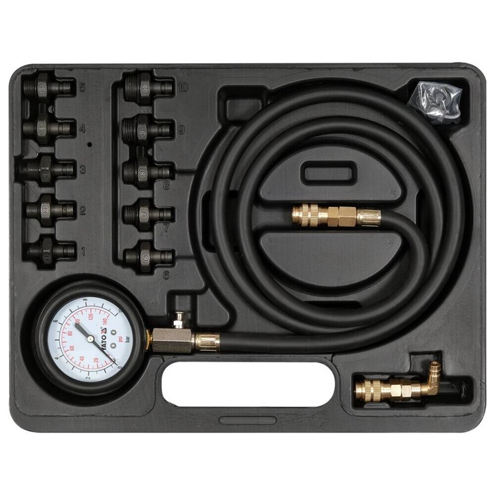 Manometru presiune ulei Yato, 0-140 PSI, set 12 piese, cu 10 adaptoare, furtun 125 cm, diametru 70 mm