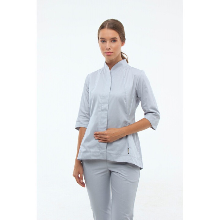 Costum medical Inwhite, jacheta cu nasturi, pantaloni slim fit, gri deschis, bumbac medical, XXL