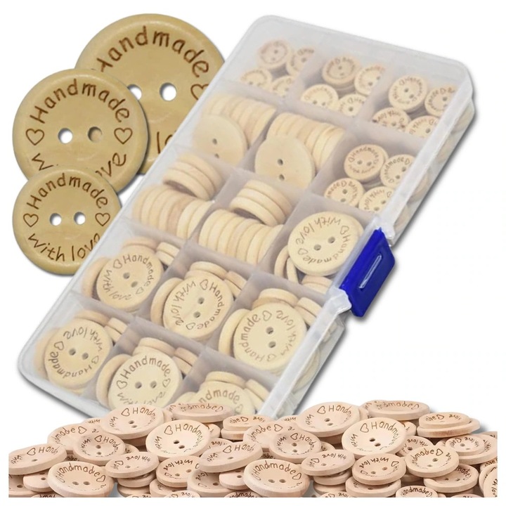 Set 140 butoane din lemn handmade, nuante de maro/bej, 15mm, 20mm, 25mm, recipient pentru depozitare