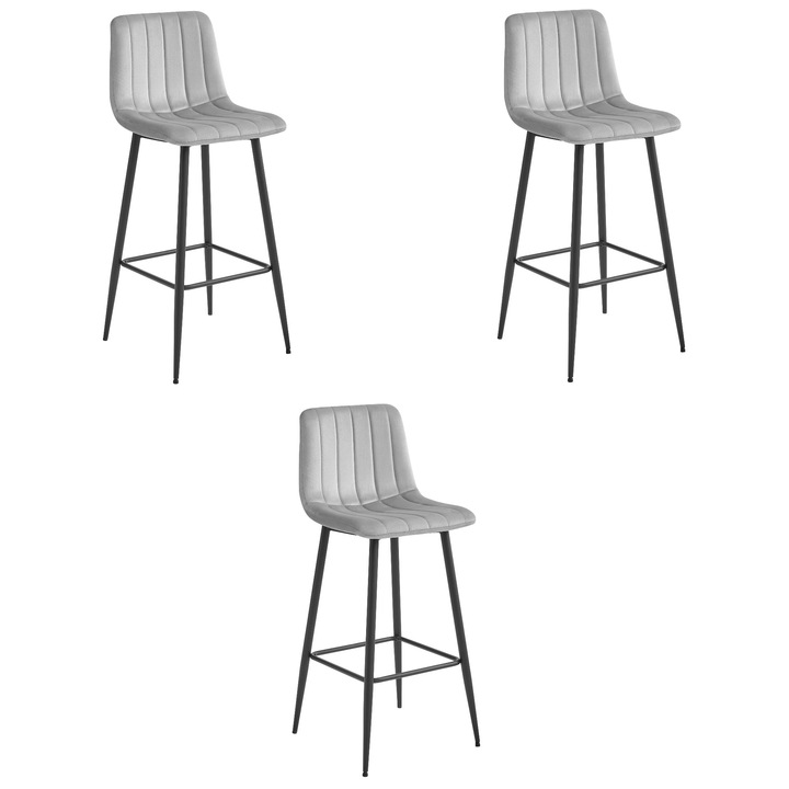 Set de 3 scaune POZZA, OSKAR, catifea gri, picioare negre, 104x43x35cm