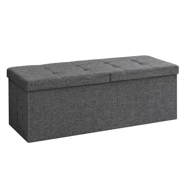 Табуретка за съхранение, Leobert, тъмносива, 110x38x38cm, 120l, MDF материал, тапицирана с ленена дамаска