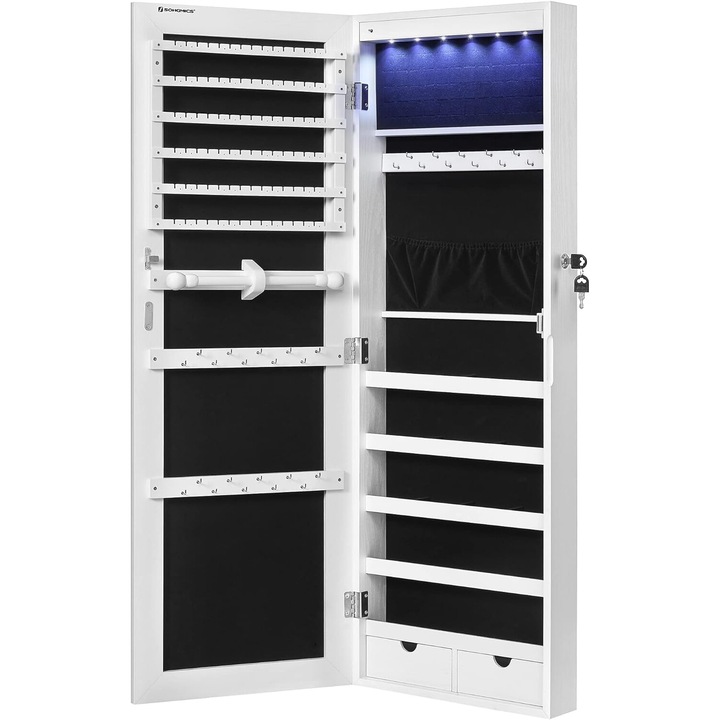 Dulap cu oglinda pentru bijuterii, Leobert, alb, 37x9.3x108cm, 6 LED-uri
