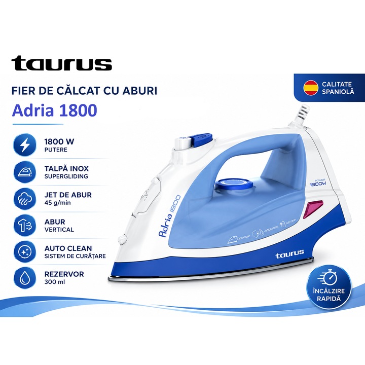 Fier De Calcat, Tiravis®, Taurus®, Adria 1800, Fier De Calcat Cu Aburi 1800W, Fier De Calcat Cu Aburi Cu Talpa Inox Supergliding, Calcare Verticala, Termostat Reglabil, Sistem Anti-Picurare, Debit Abur 45 G Min, Albastru