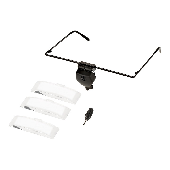Lupa cu LED, 1.5x/2.5x/3.5x, set cu ochelari, negru, 15x5.5x3cm