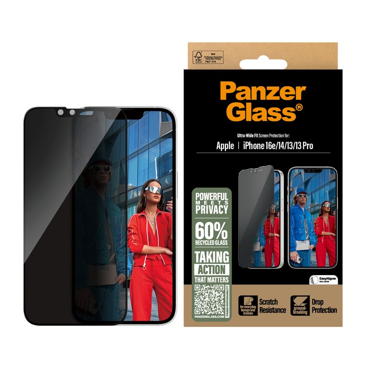 Adatvédelmi üveg PanzerGlass Ultra-Wide Fit Privacy + EasyAligner kompatibilis iPhone 16e / 14 / 13/13 Pro, átlátszó
