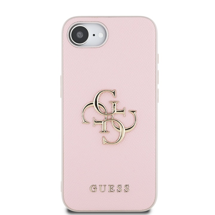 Husa Guess pentru iPhone 16E, PU, granulatie, logo metalic 4G, roz
