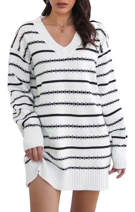 Дамска рокля-пуловер, V-образно деколте, райе, бяло/черно, полиестер