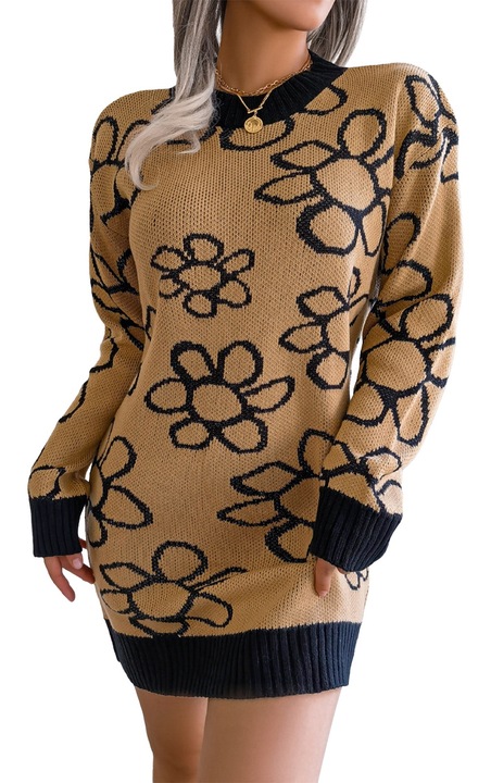 Дамска рокля-пуловер, флорален десен, плетка, каки/черно