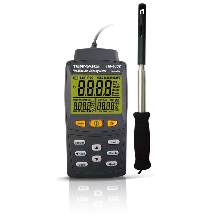Професионален термо-анемометър, Tenmars, модел TM-4002, влагомер, със сонда тип гореща струна, цвят черен