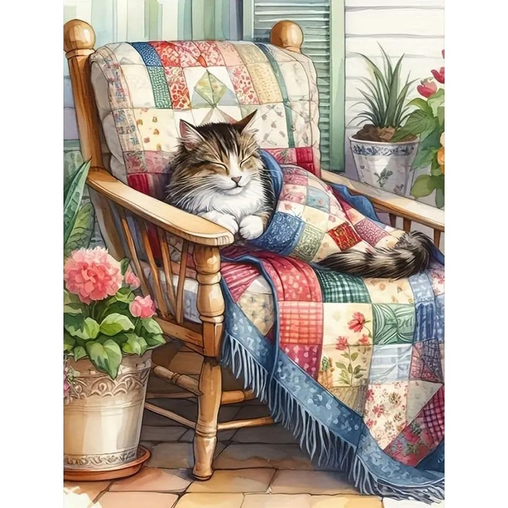 Set de artizanat 5D, yoofun, pictura cu diamante, design pisica pe canapea, 30x40cm