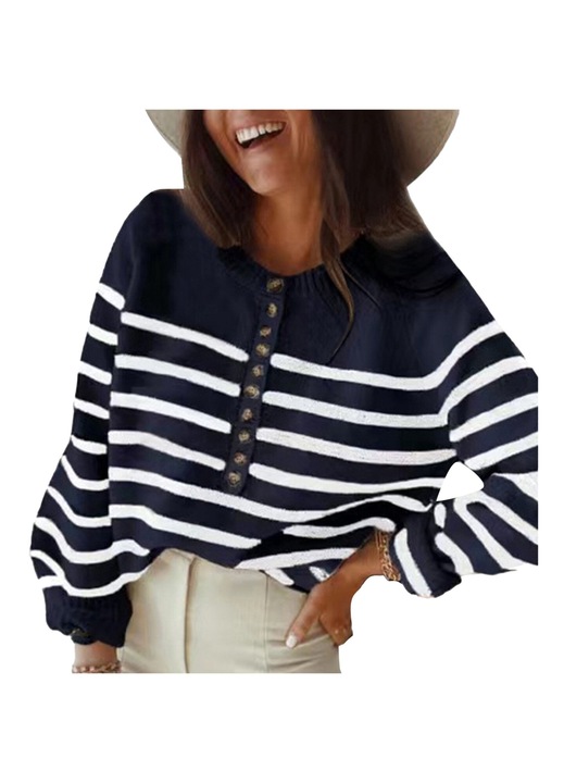 Női pulóver, csíkos mintás, gombos, poliészter, sötétkék/fehér