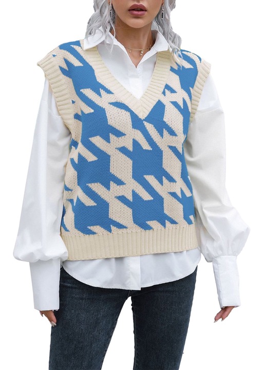 Női mellény, V-nyakú, Kockás minta, Kék/Fehér, Poliészter