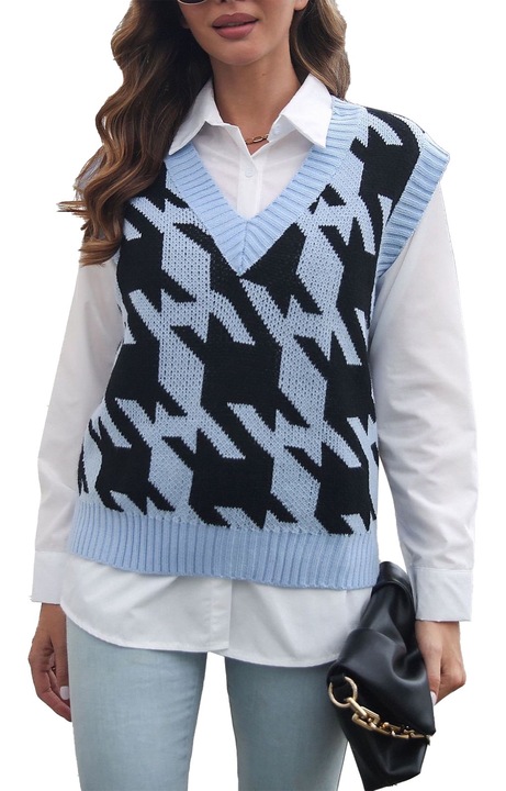 Női mellény, Kockás mintás, V-nyakú, Fekete/Kék, Poliészter