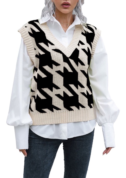 Női mellény, kockás, fekete, poliészter, alkalmi