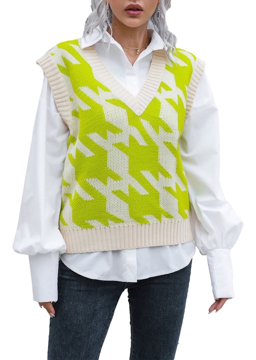 Női mellény, Kockás mintás, V-nyakú, Zöld, Poliészter