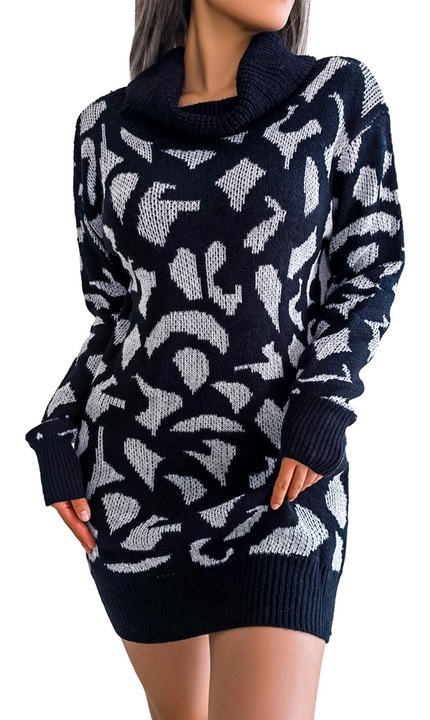 Пуловерна рокля, леопардов принт, дълги ръкави, черно/сиво, акрил