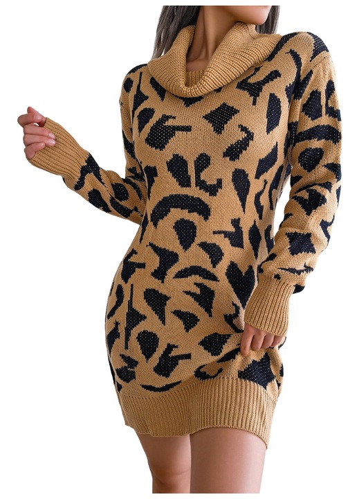 Рокля с леопардов пуловер, дълги ръкави, есен/зима, каки/черно, акрил