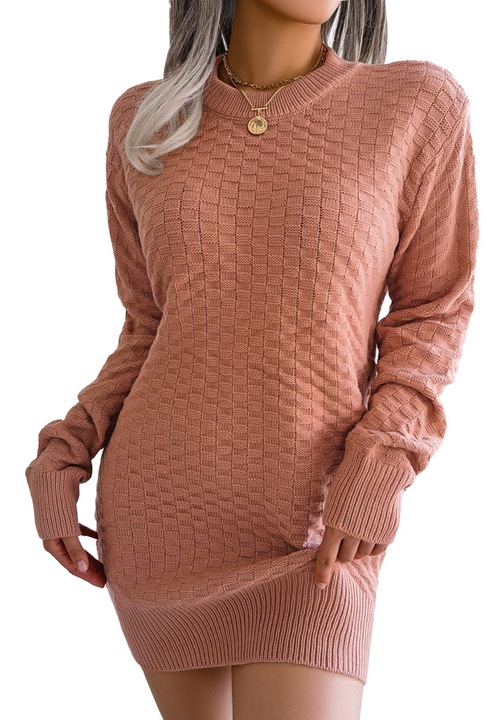 Дамска рокля-пуловер, дизайн по тялото, дълги ръкави, акрил, розово