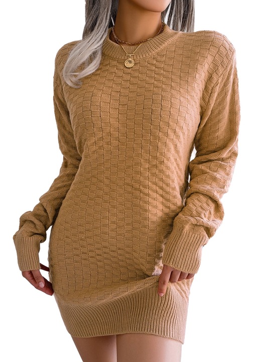 Дамска рокля-пуловер, дизайн по тялото, дълги ръкави, каки, текстил